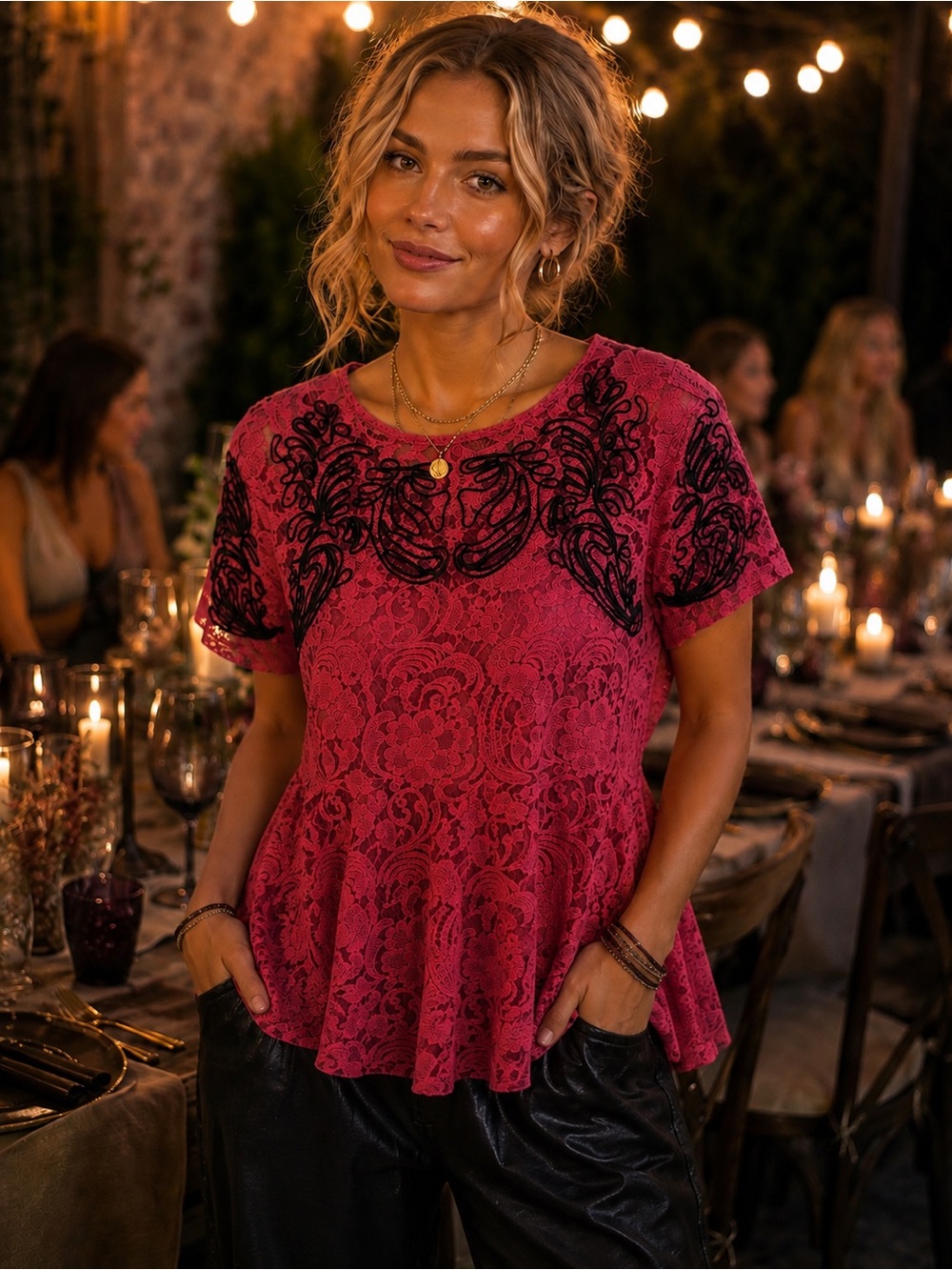 Free People Magenta Lace Peplum Top with Black Embroidery 16.5-18.5 PTP, 33” L